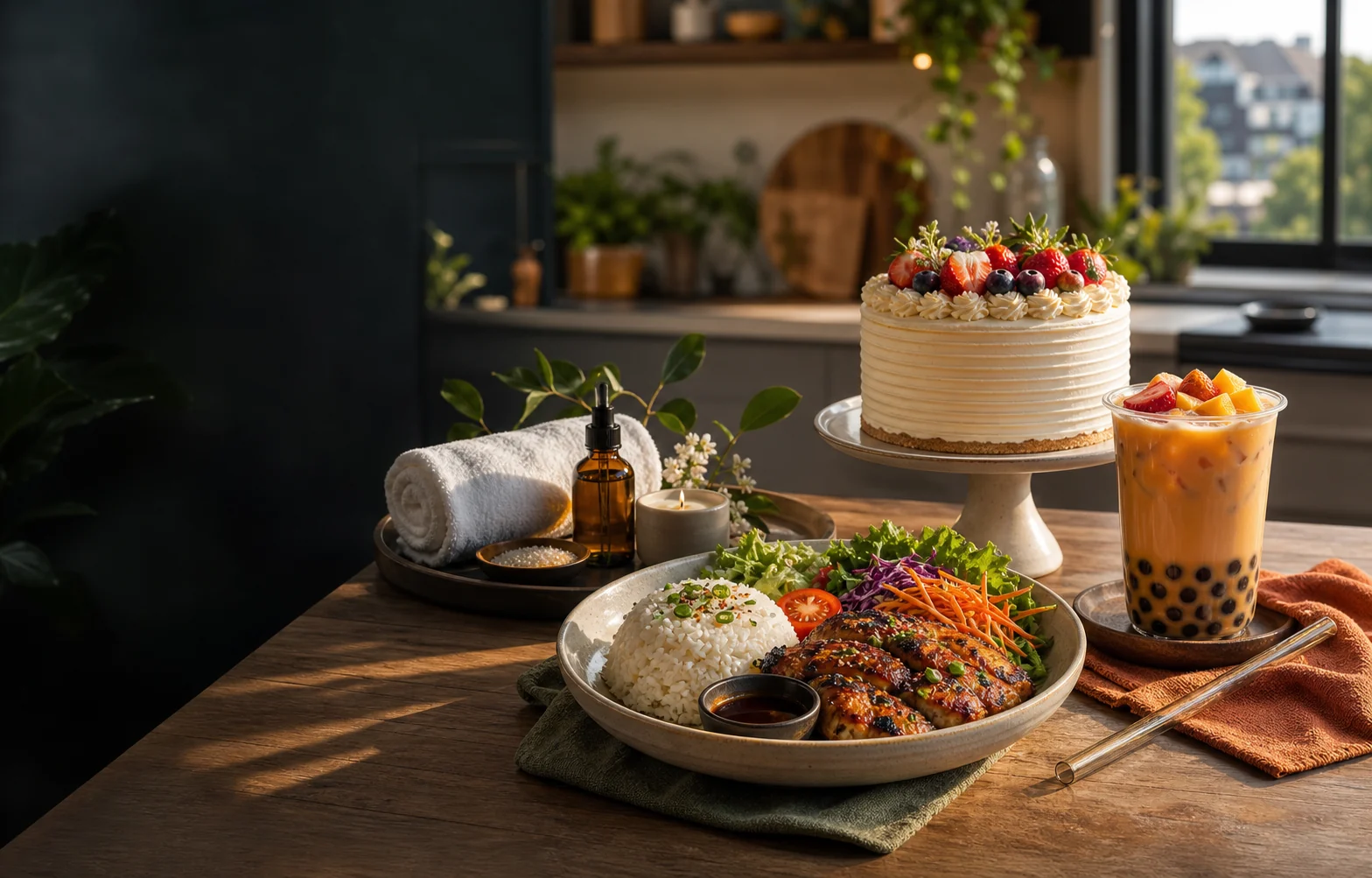 A Yumo scene with a meal, spa ritual, celebration cake, and crafted drink
